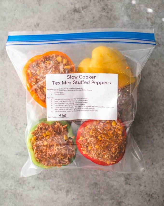 Slow Cooker Tex Mex Stuffed Peppers in a freezer bag