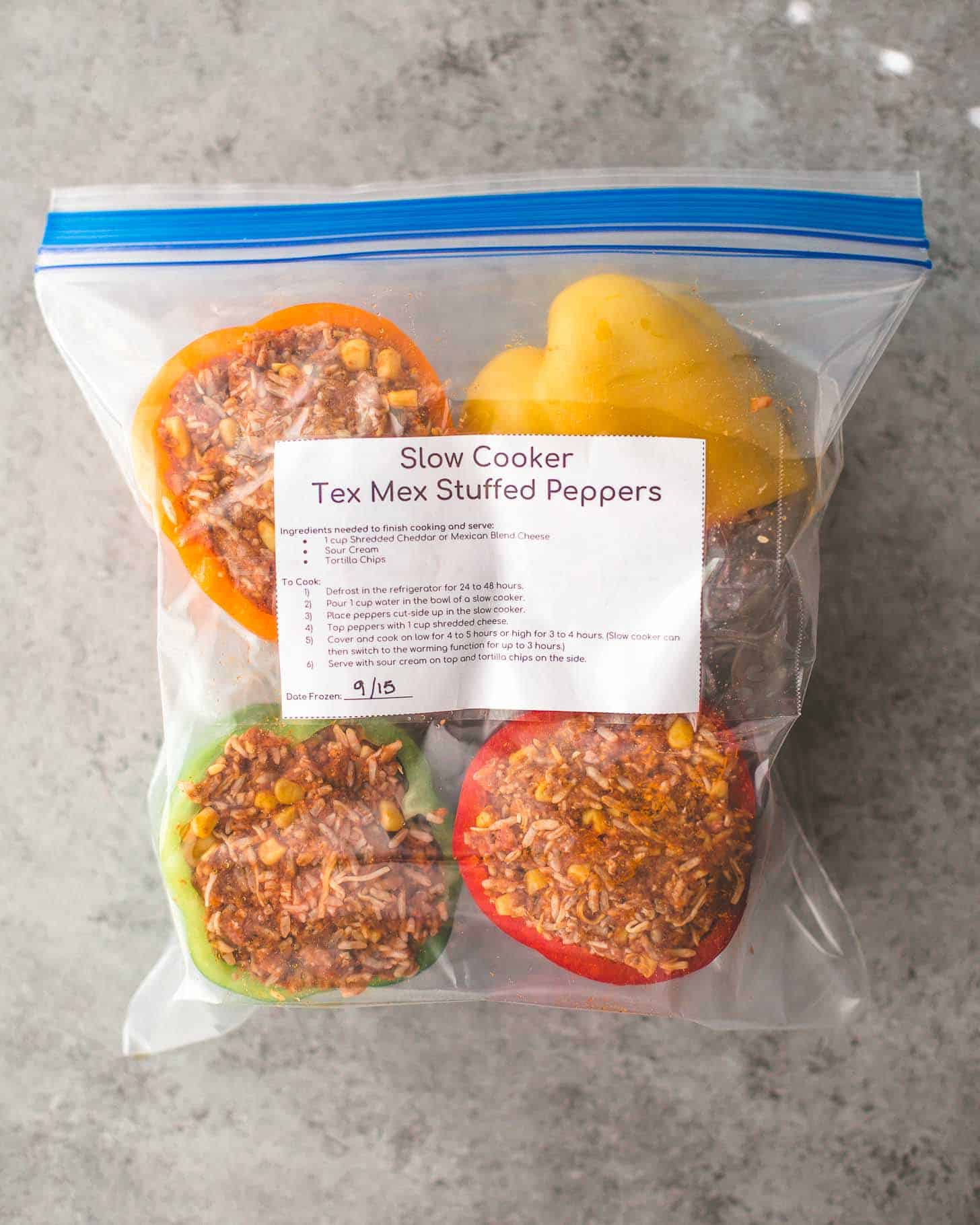 overhead image of uncooked Slow Cooker Tex Mex Stuffed Peppers in a freezer bag