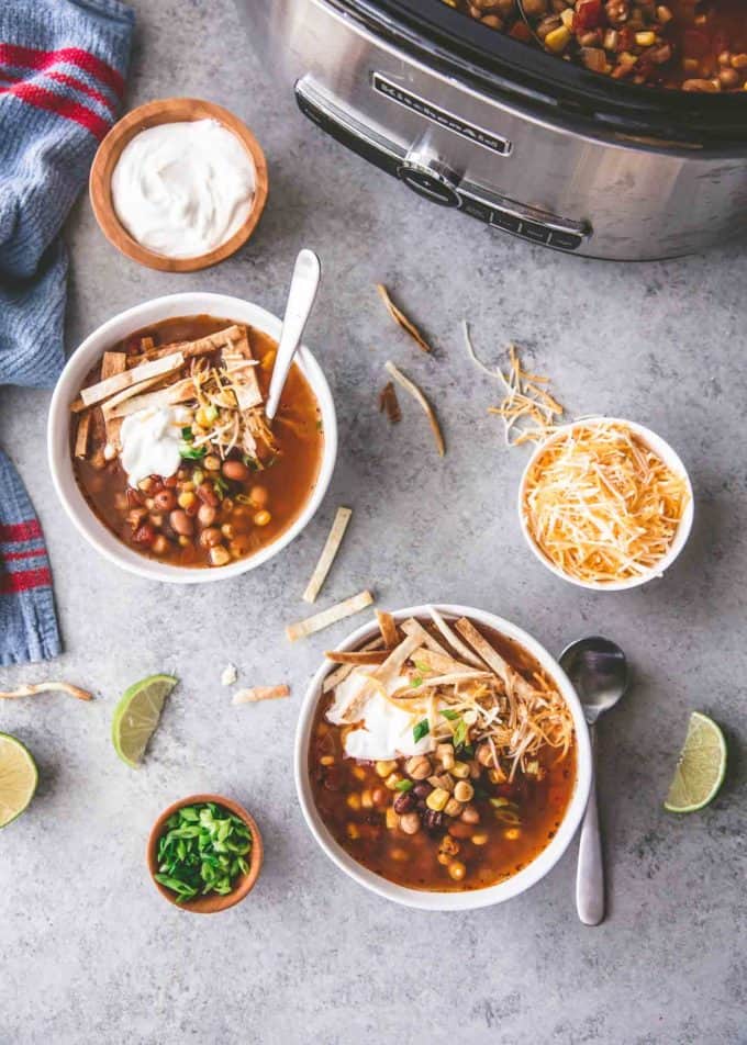 Slow Cooker Three Bean Taco Soup in white bowls