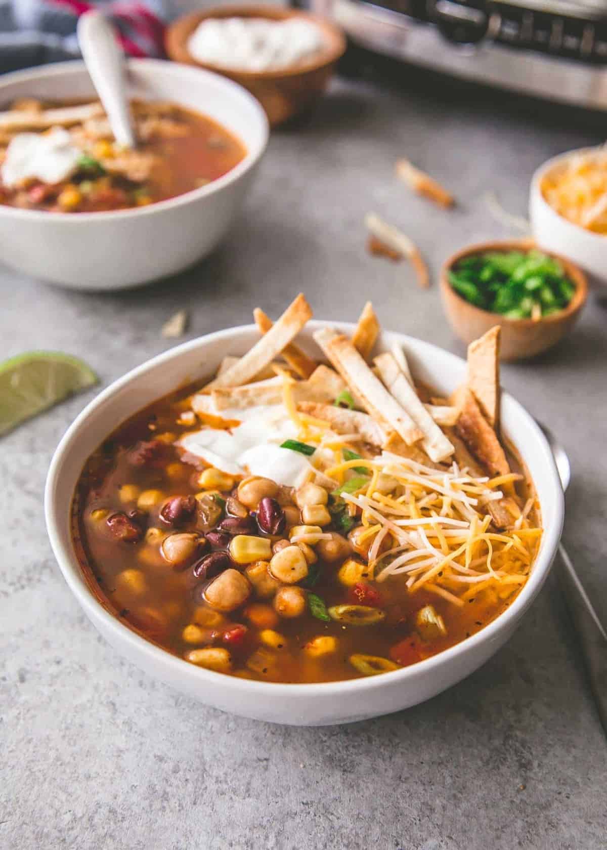Slow Cooker Three Bean Taco Soup in a white bowl