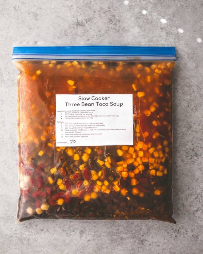 Slow Cooker Three Bean Taco Soup in a freezer bag