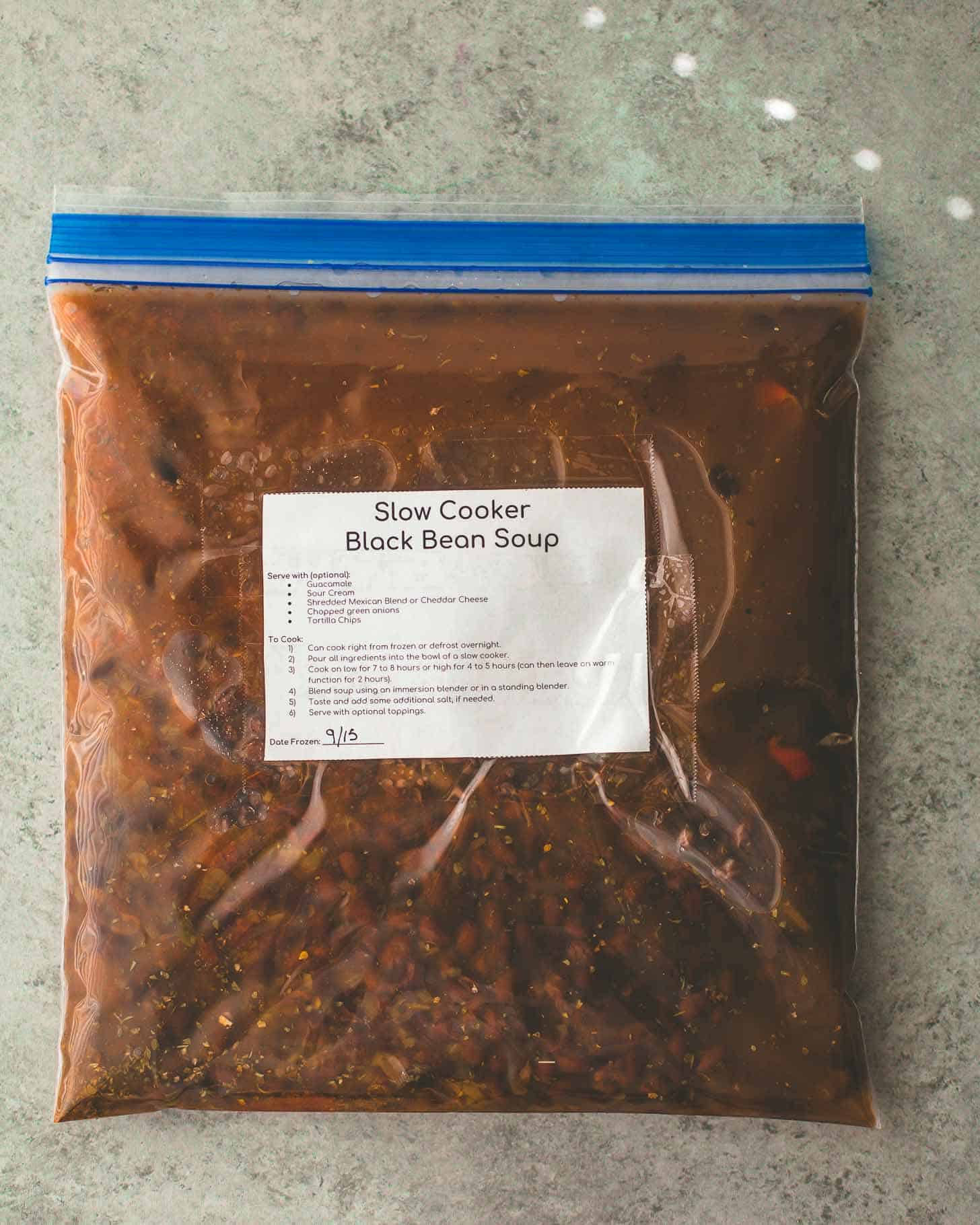 overhead image of Slow Cooker Black Bean Soup in a freezer bag