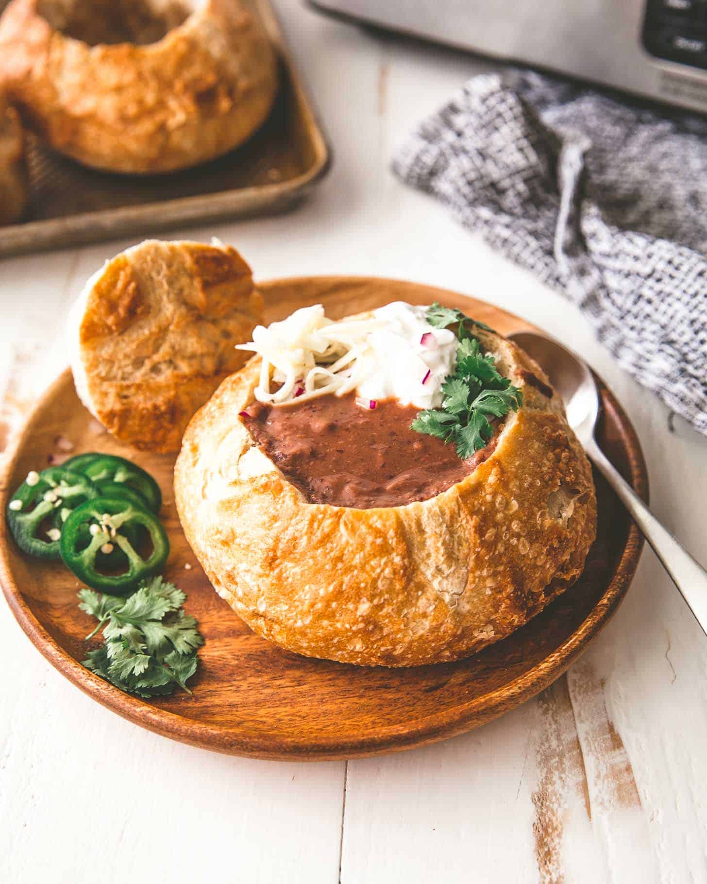 Slow Cooker Black Bean Soup in a bread bowl 