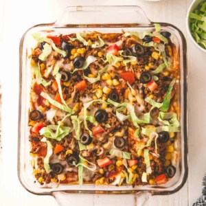 Taco Casserole in a clear baking dish
