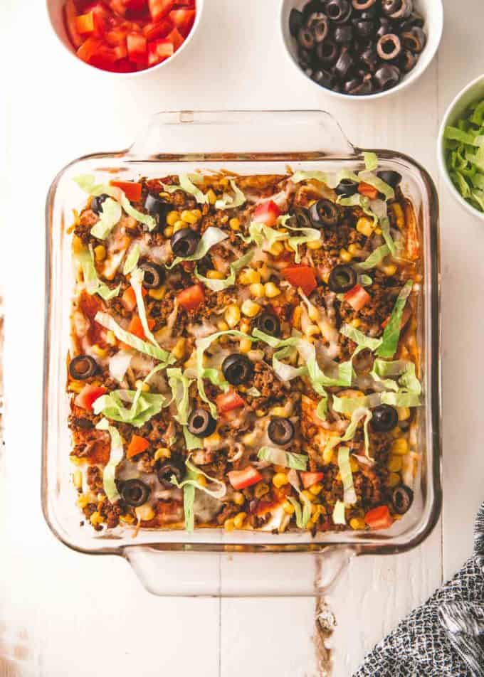 Taco Casserole in a clear baking dish