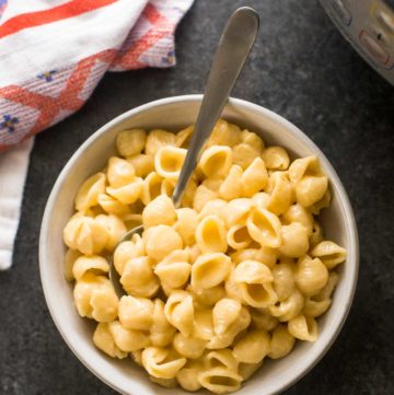instant pot mac and cheese in a white bowl