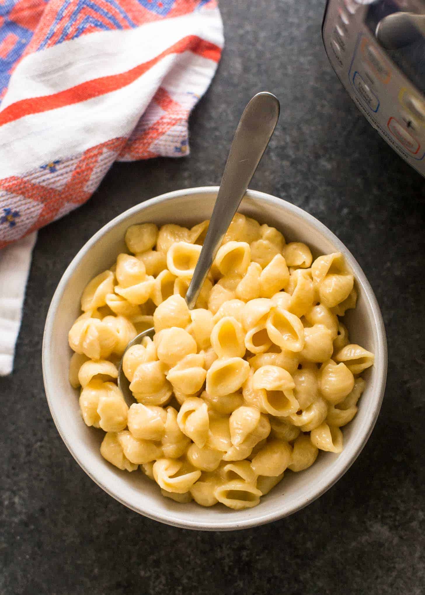 instant pot mac and cheese in a white bowl