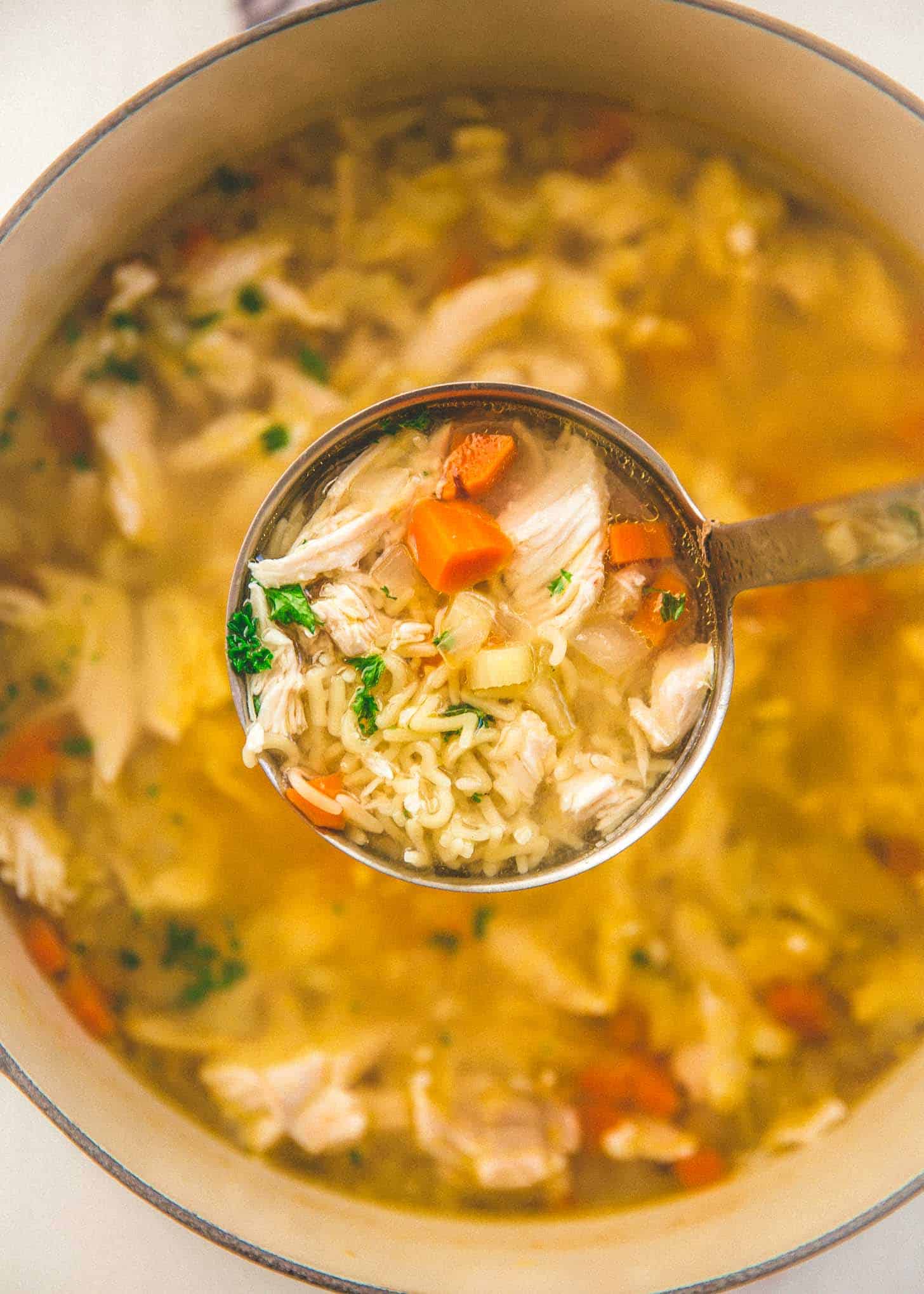 overhead image of a spoonful of chicken noodle soup