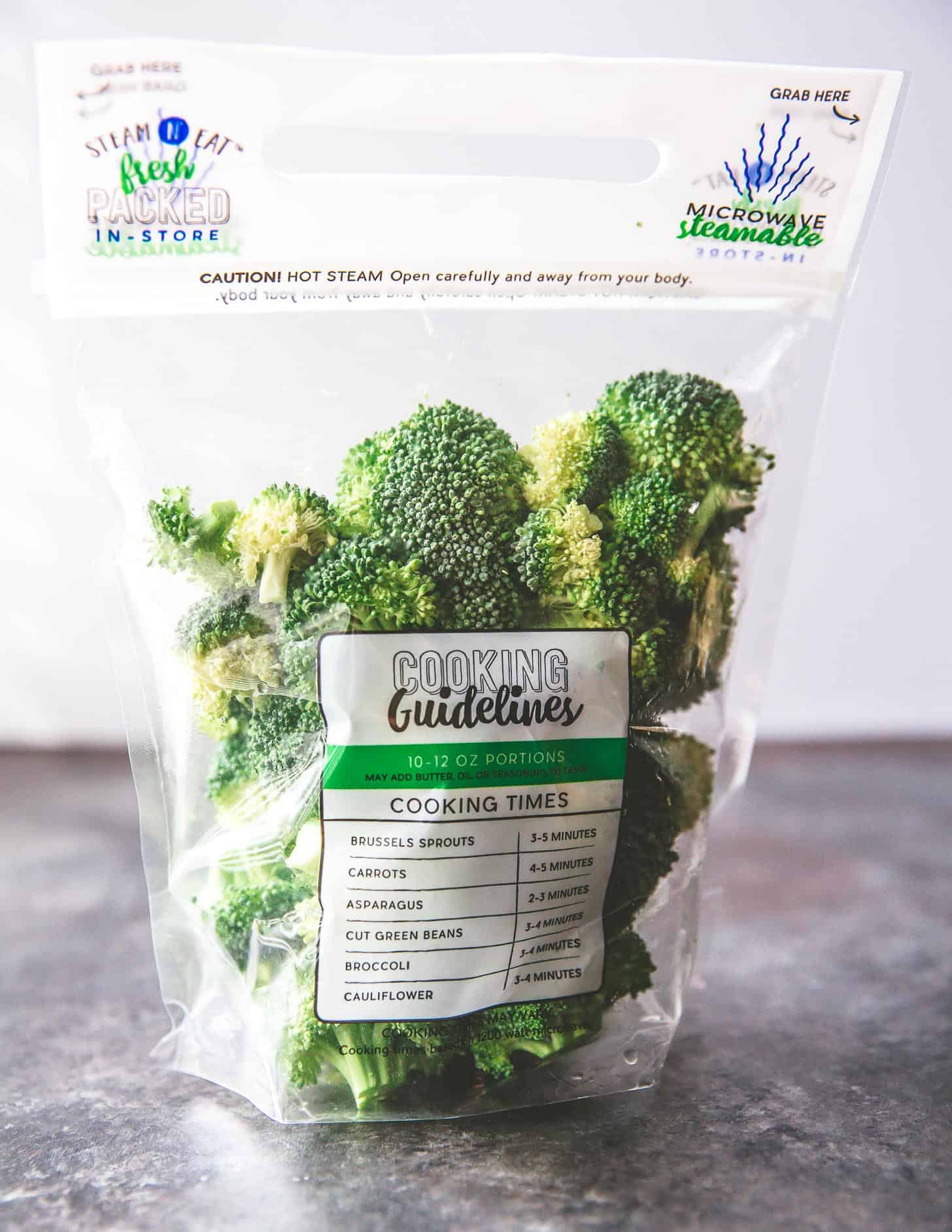 a bag of raw broccoli
