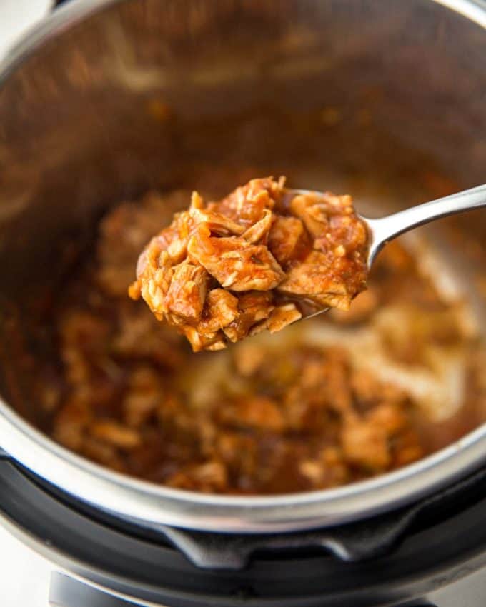 a spoonful of chicken over an instant pot