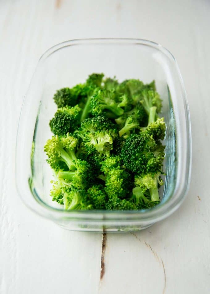 broccoli florets in a clear dish