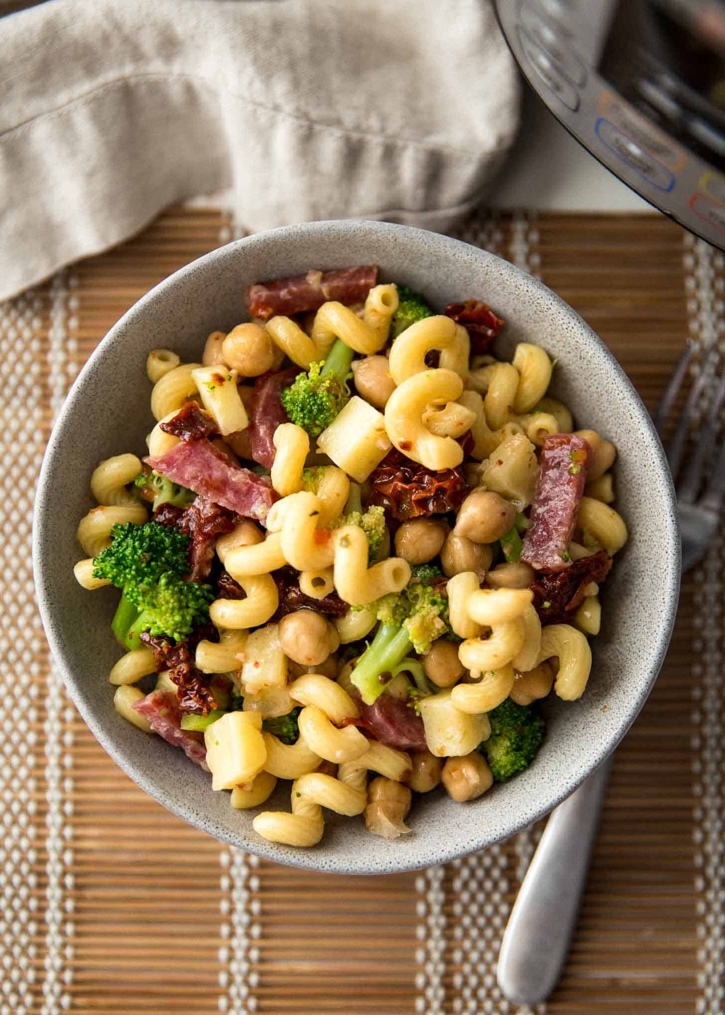 Instant pot pasta salad in a grey bowl