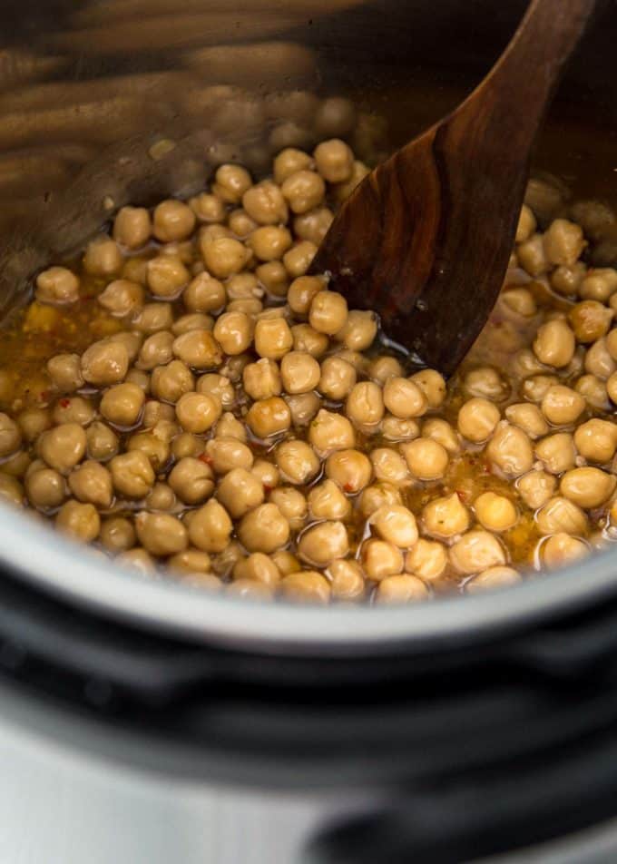 stirring garbanzo beans in the instant pot