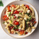 instant pot pasta salad in a grey bowl