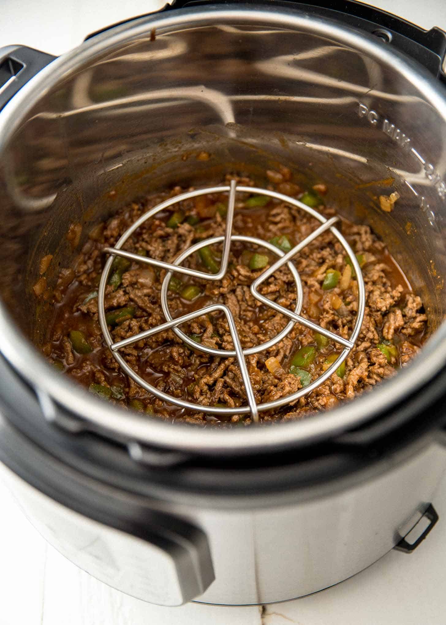 Instant Pot Rack in an instant pot with ground beef and peppers