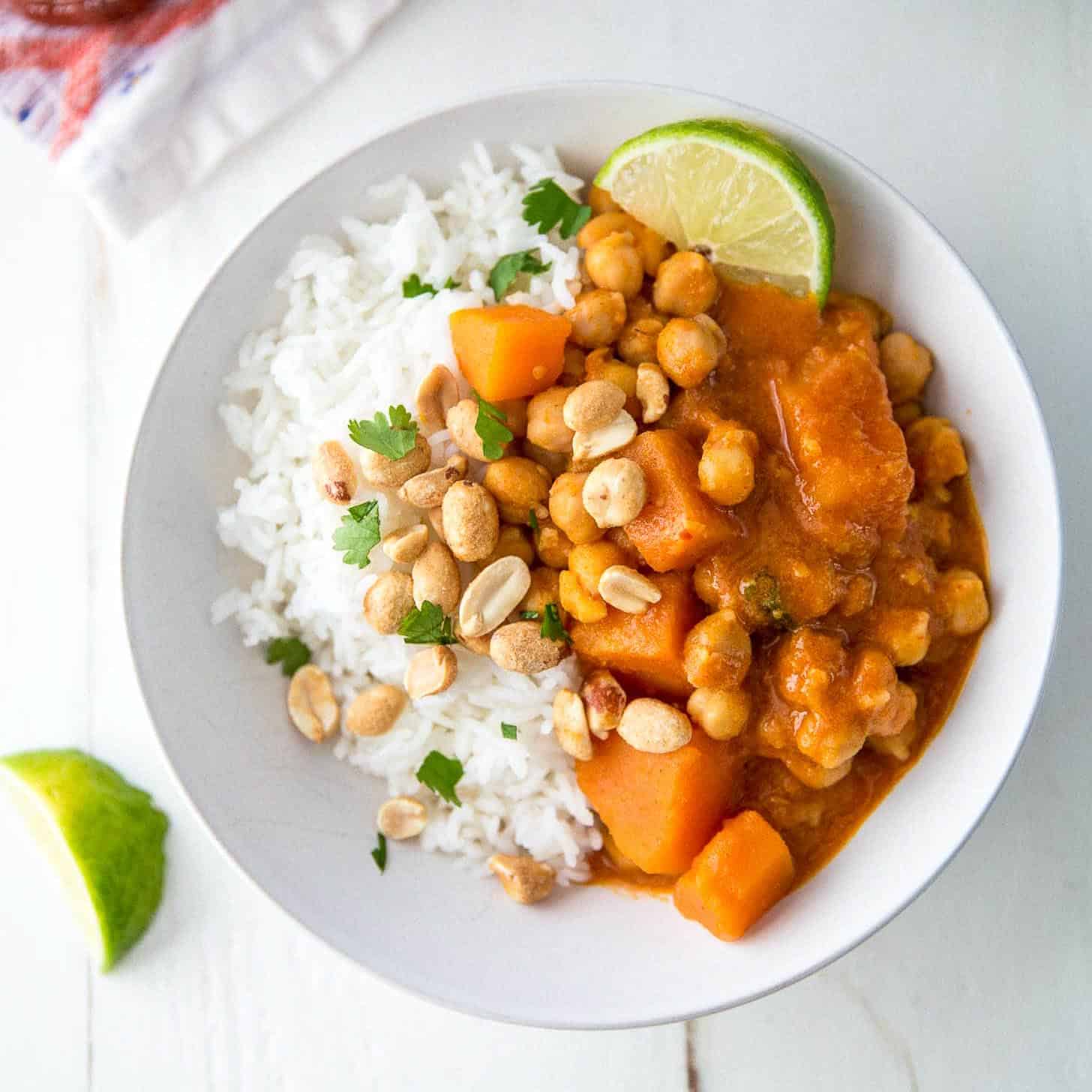 Vegetarian Thai Panang Curry over rice in a white bowl