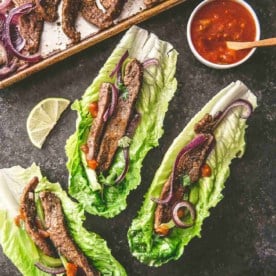 sheet pan steak fajitas on lettuce cups