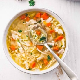 Chicken Noodle Soup with Miso in a white bowl