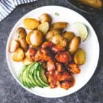 Instant Pot Honey Adobo Chicken with potatoes on a white plate