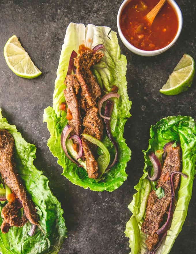 sheet pan steak fajitas on lettuce cups