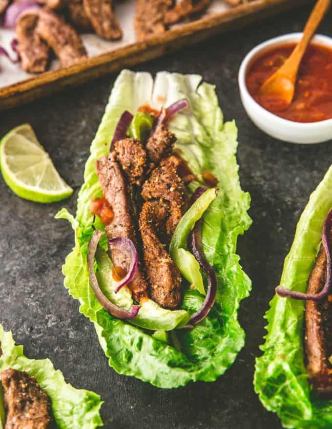 sheet pan steak fajitas on lettuce cups