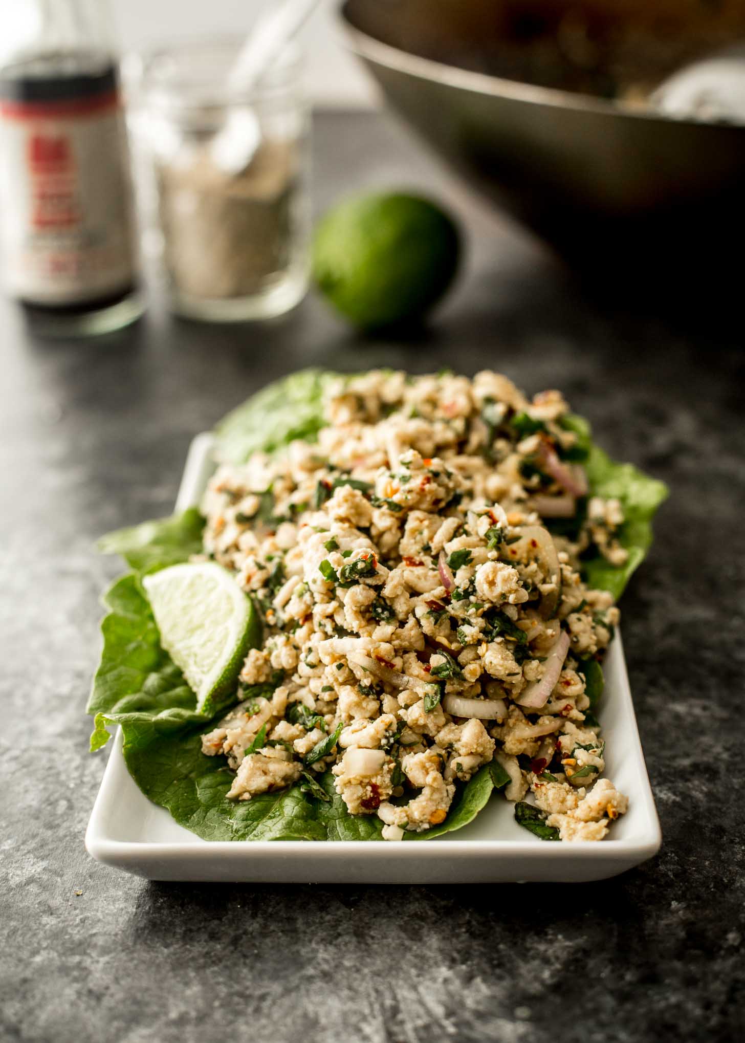 thai minced chicken salad on a white plate