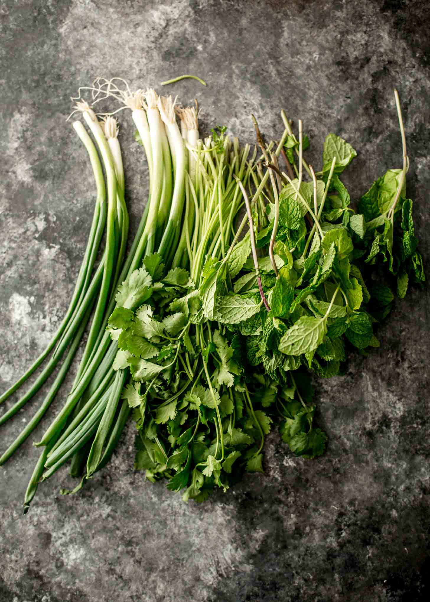 overhead image of fresh herbs on a grey countertop