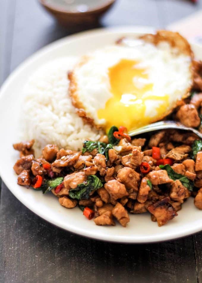 Thai basil chicken topped with a fried egg