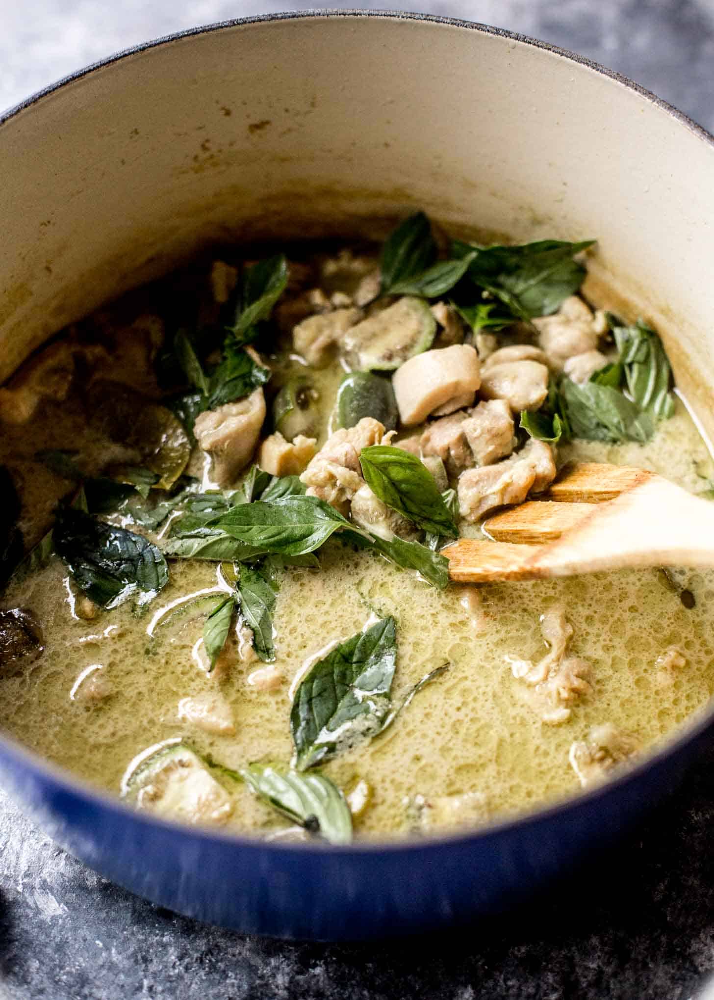 thai green curry in a dutch oven