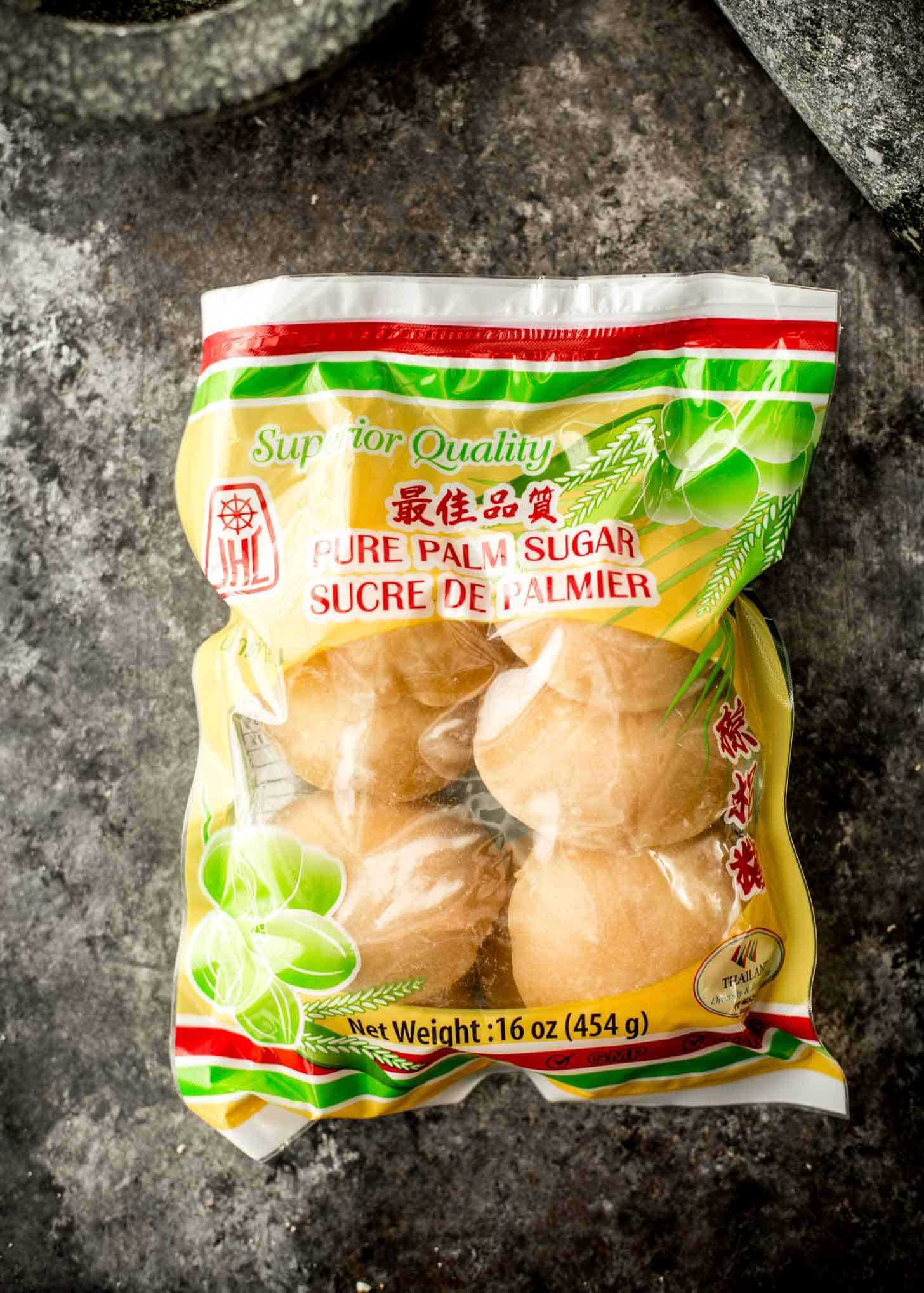 a bag of palm sugar on a grey countertop