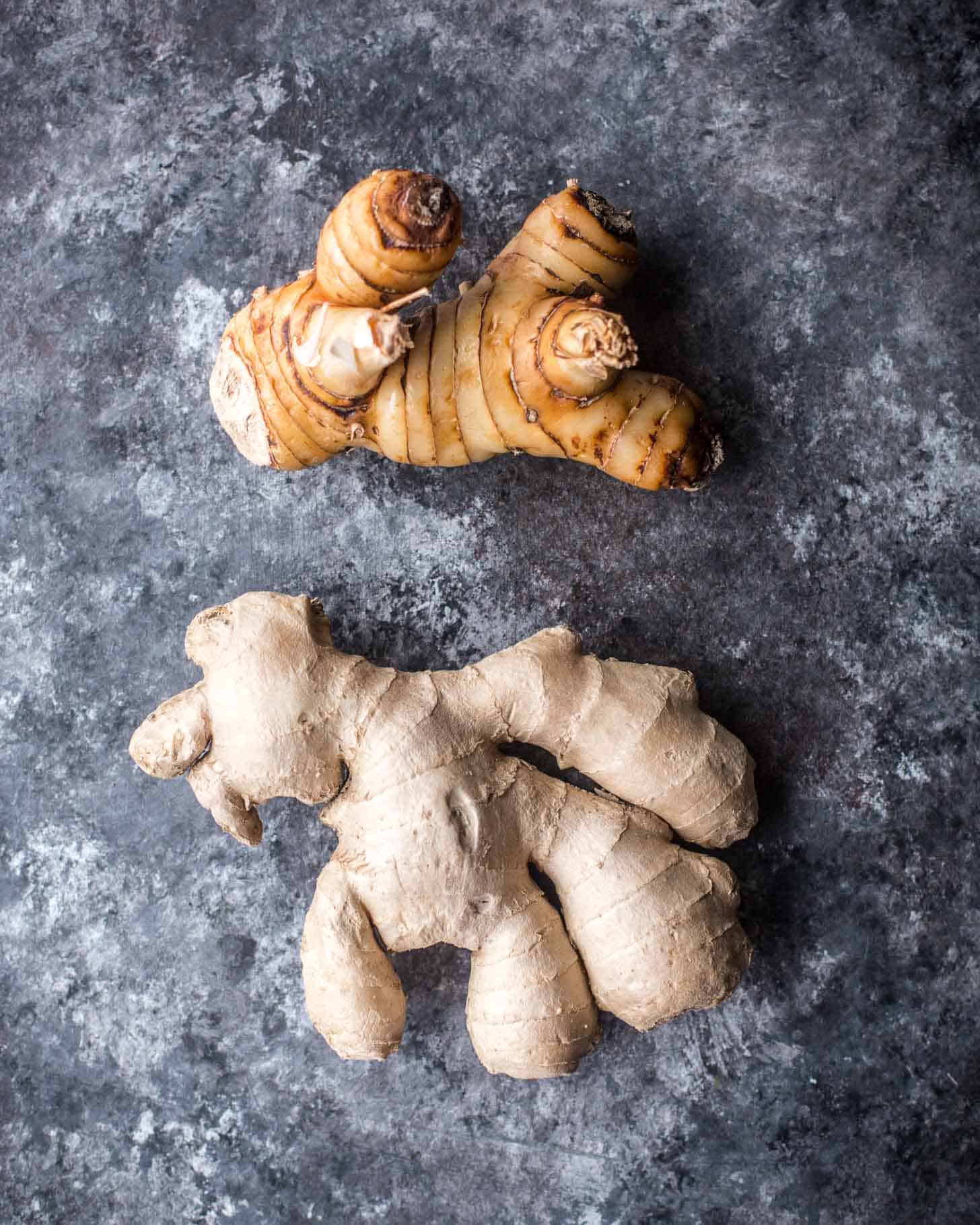 overhead image of fresh galangal and ginger on a grey countertop