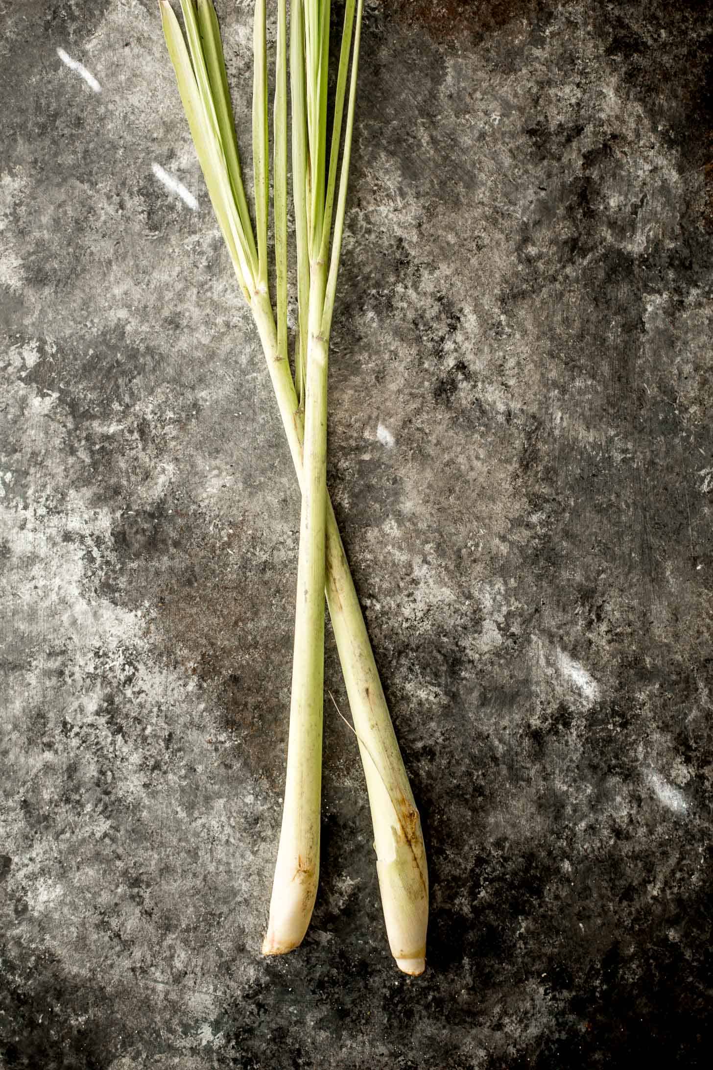 overhead image of lemongrass on a grey countertop