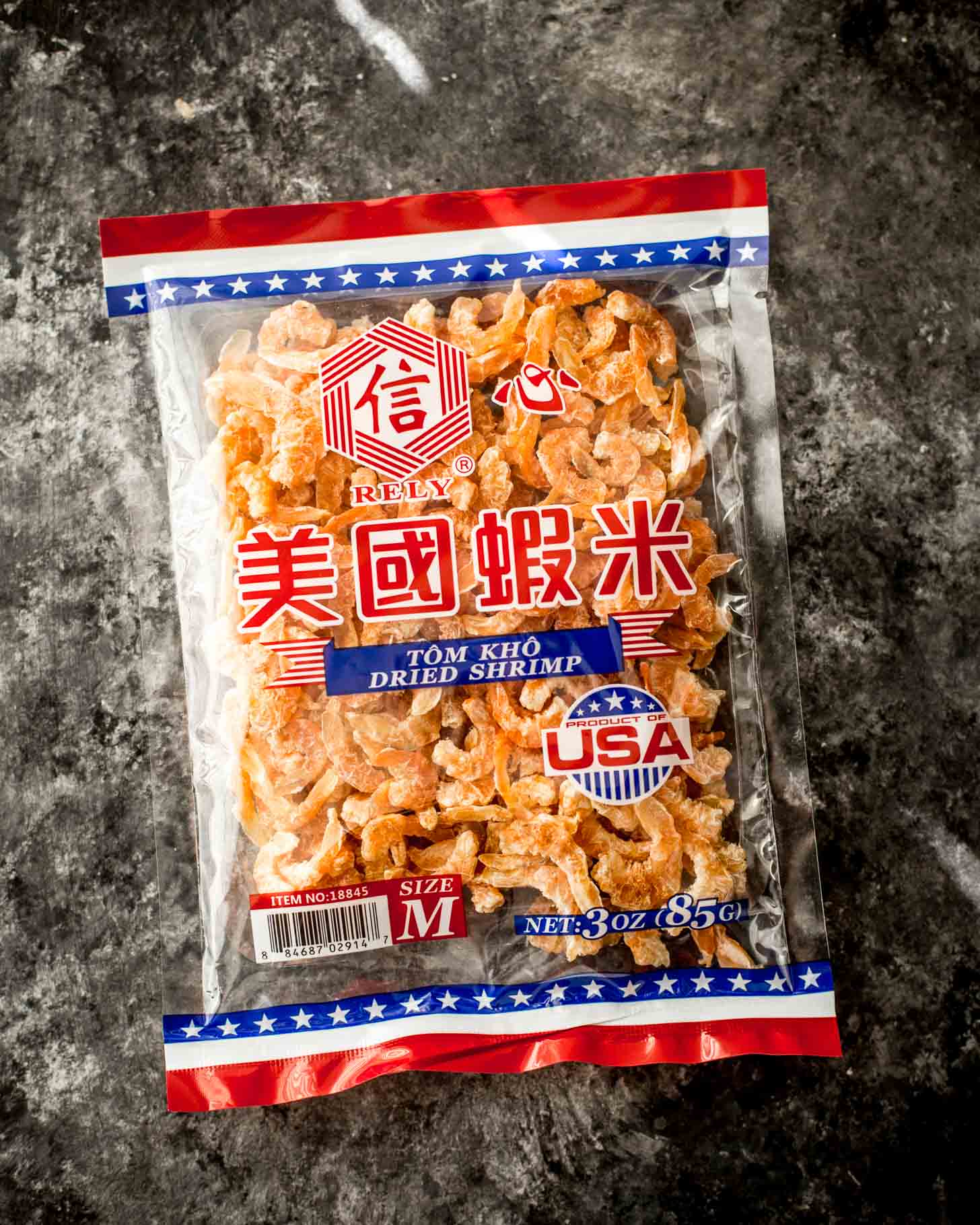 a package of dried shrimp on a grey countertop