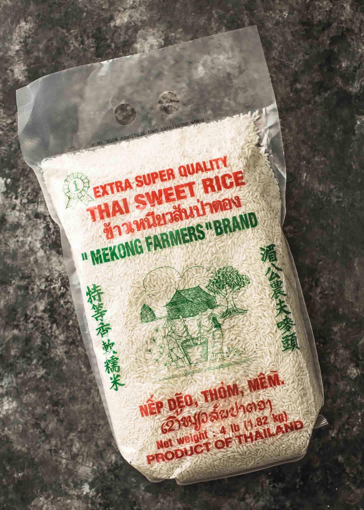 overhead image of a package of Thai rice on a grey countertop