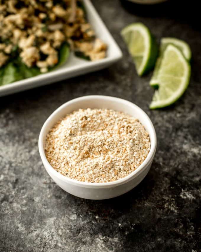 toasted rice powder in a small white bowl