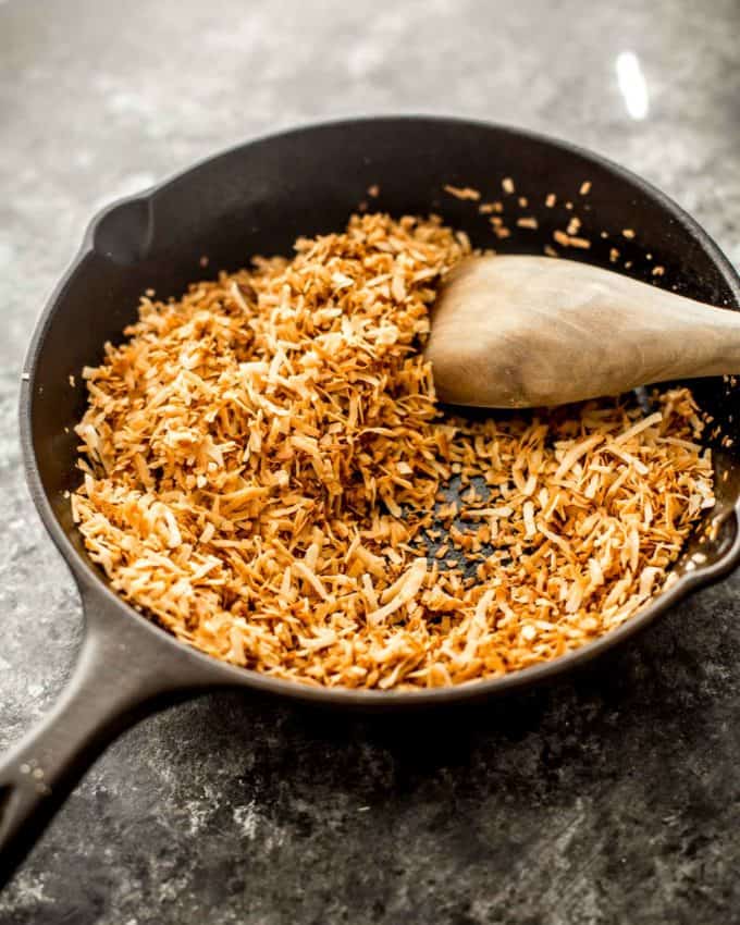 toasting coconut in a skillet
