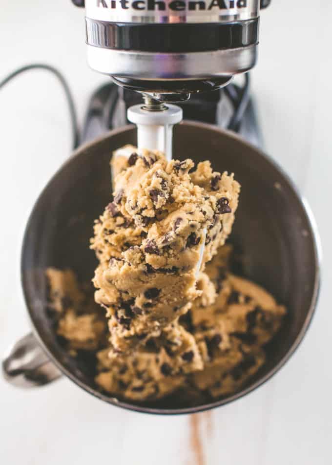 chocolate chip cookie dough in a mixer bowl