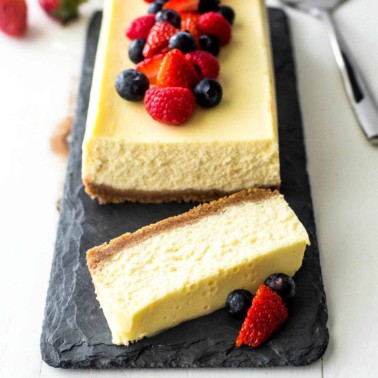 Slow Cooker Classic Cheesecake on a slate tray