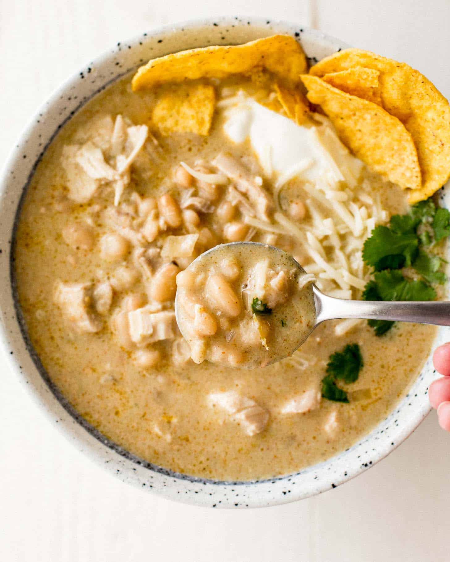 overhead image of slow cooker white chicken chili in a white enamelware bowl with corn chips and cilantro