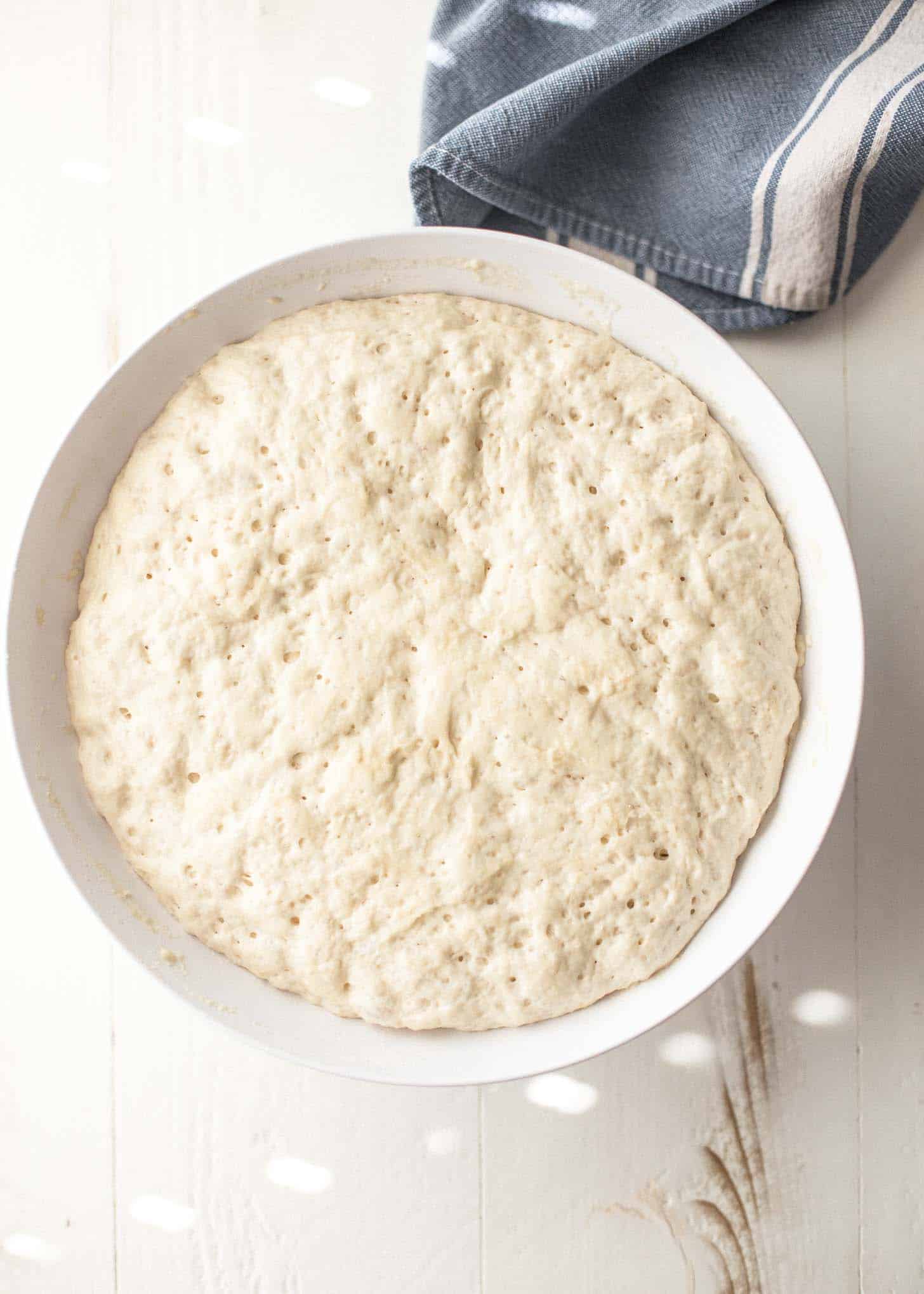 overhead image of no knead everyday bread dough after rising in a white bowl