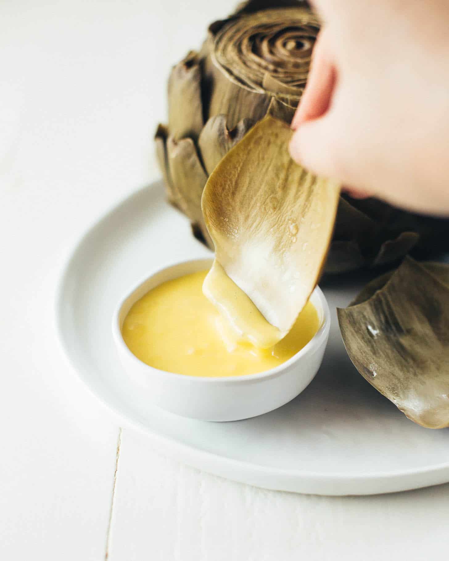 dipping steamed artichokes into hollandaise 