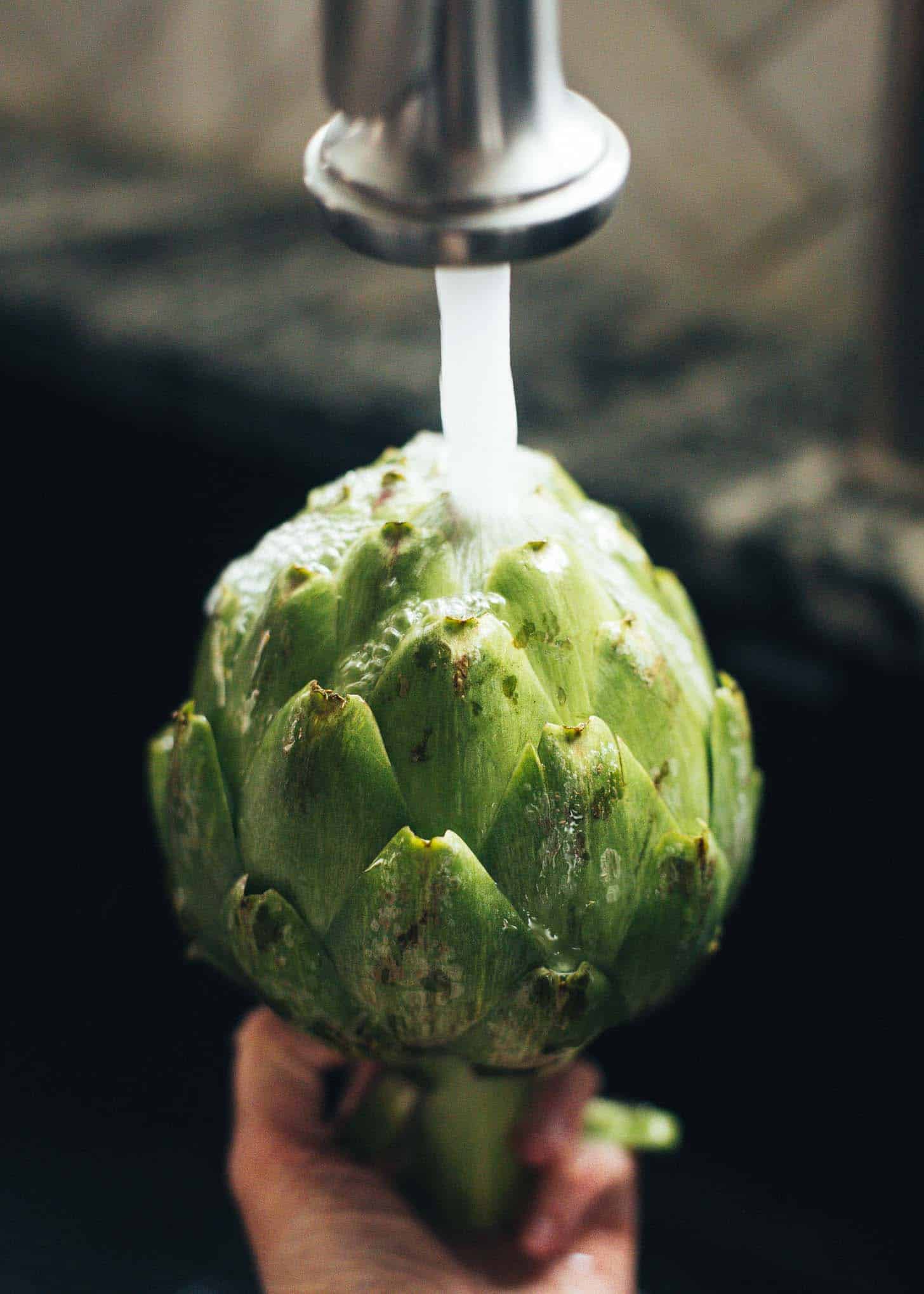 cleaning an artichoke under the faucet