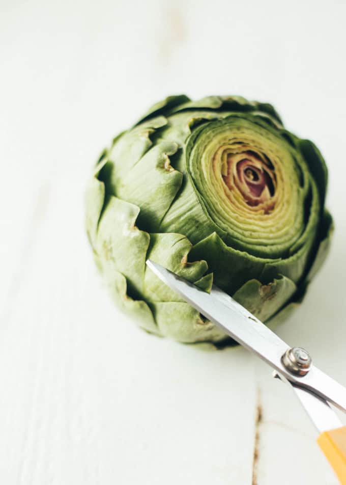 trimming an artichoke on a white table with scissors