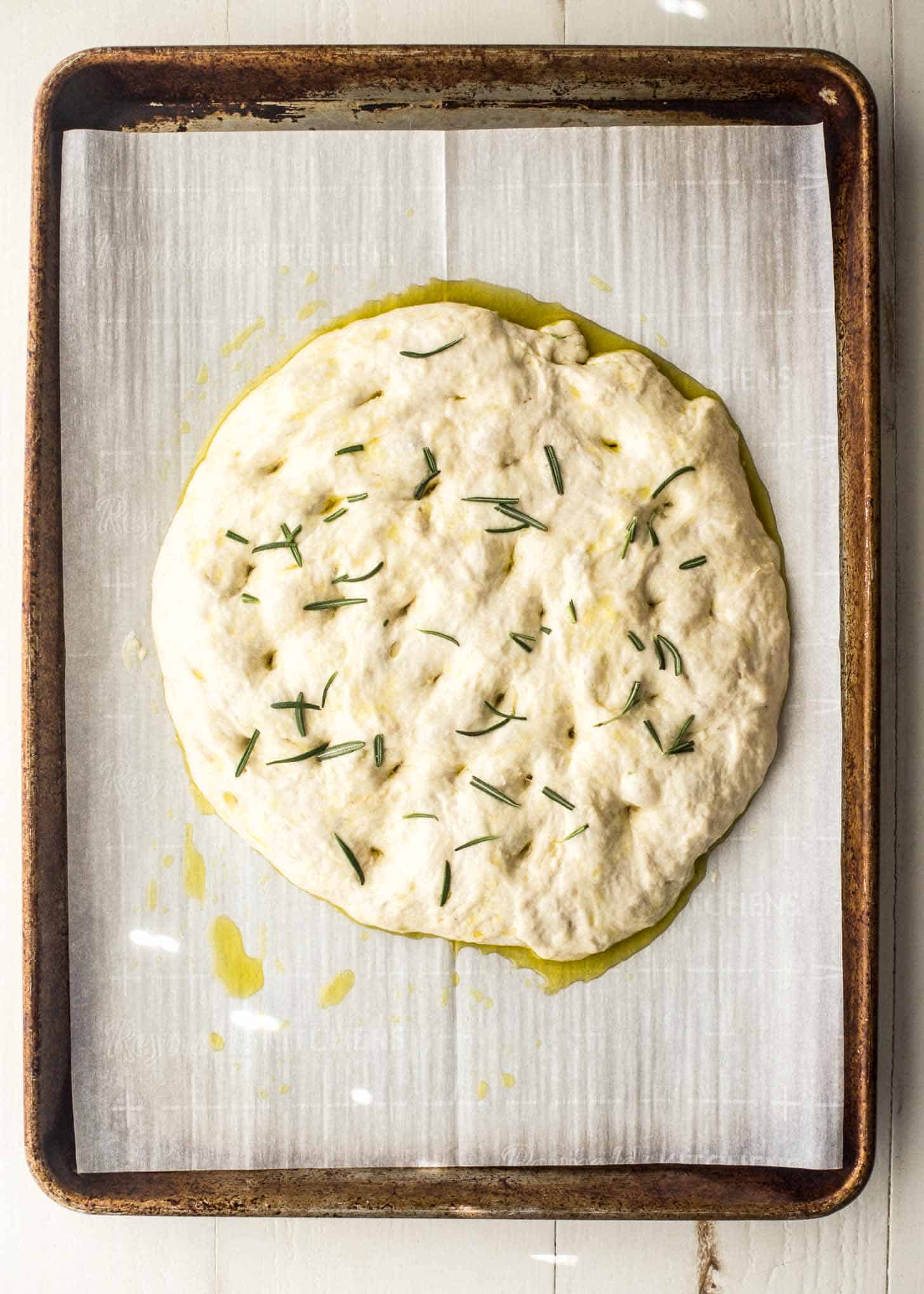overhead image of No Knead Focaccia dough on a piece of parchment paper on a sheet pan