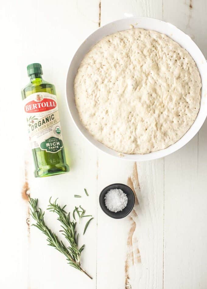 No knead focaccia dough, after rising, in a white bowl on a white table next to a bottle of olive oil, rosemary, and salt