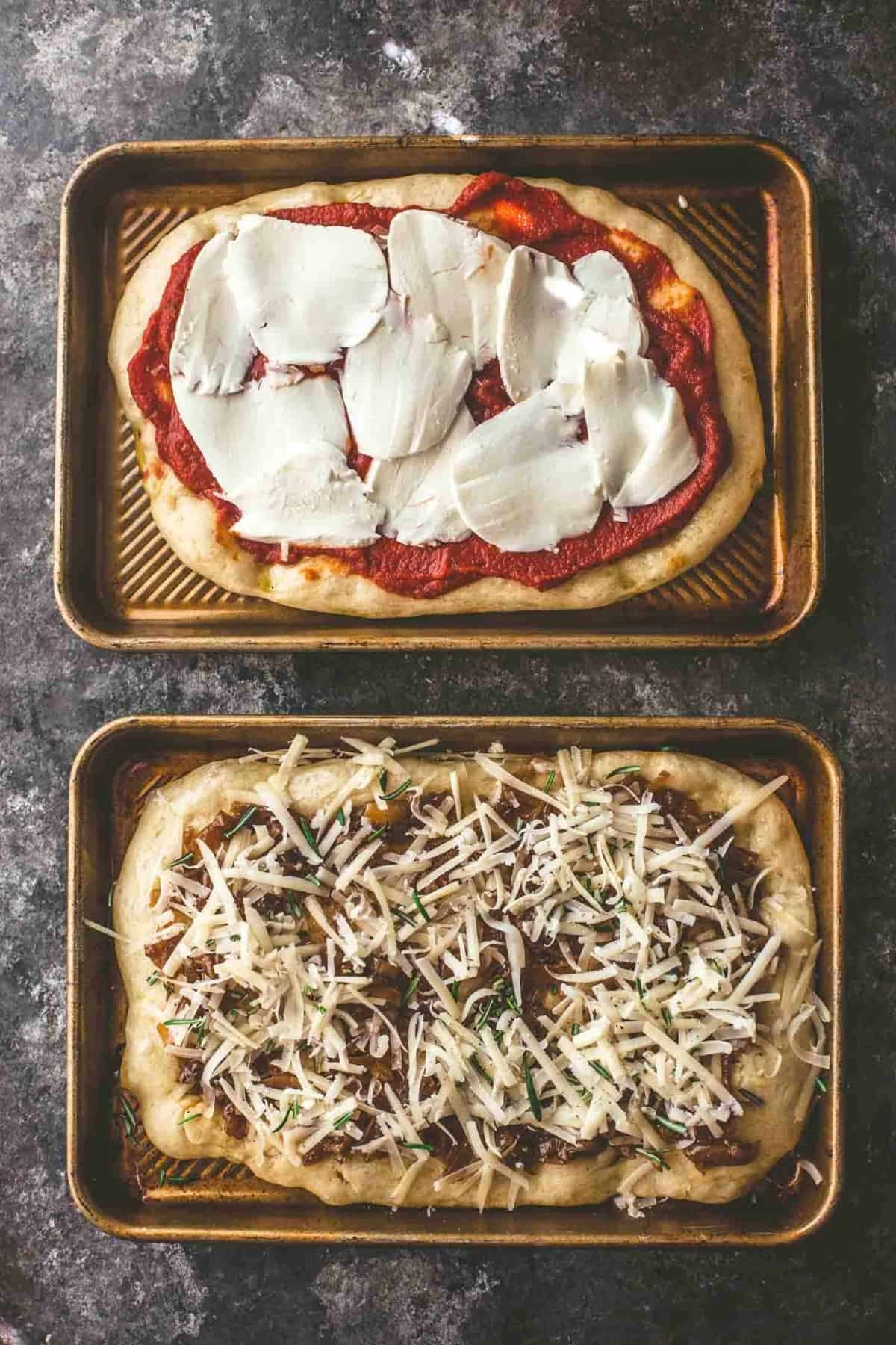 2 no knead pizzas on sheet pans
