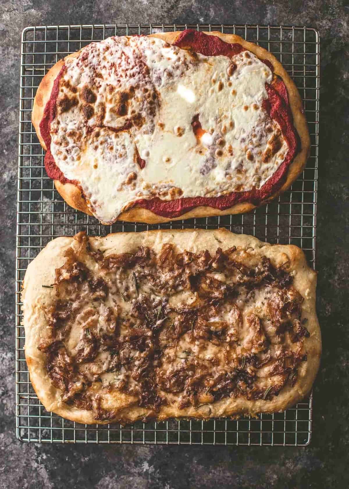 2 No-Knead Sheet Pan Pizzas on a cooling rack