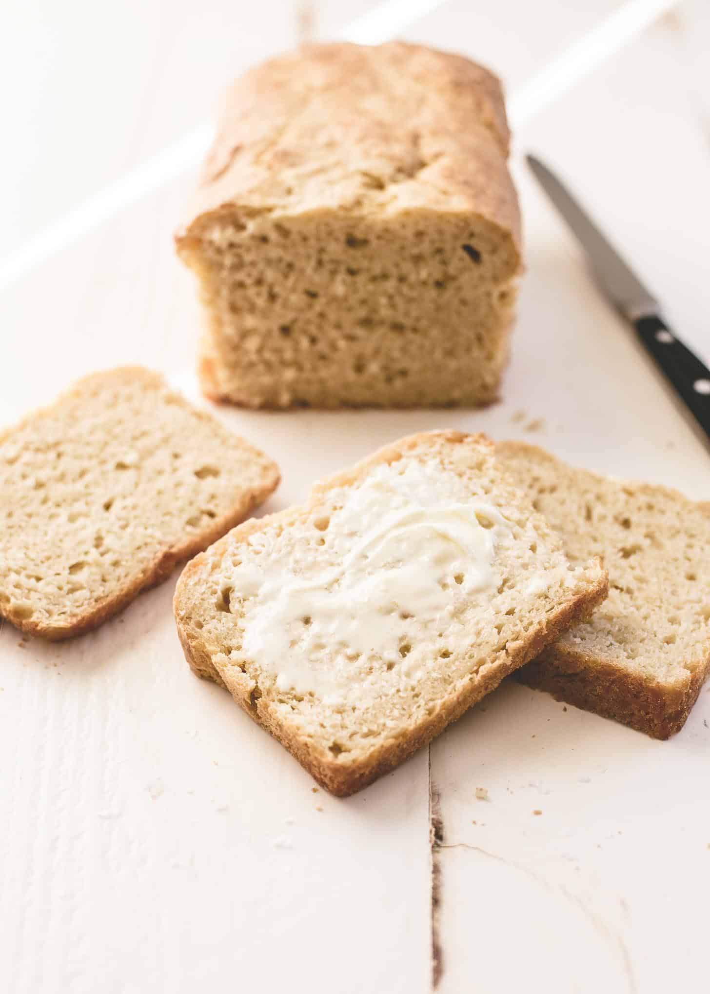 slices of No-Knead Sandwich Bread on a white table