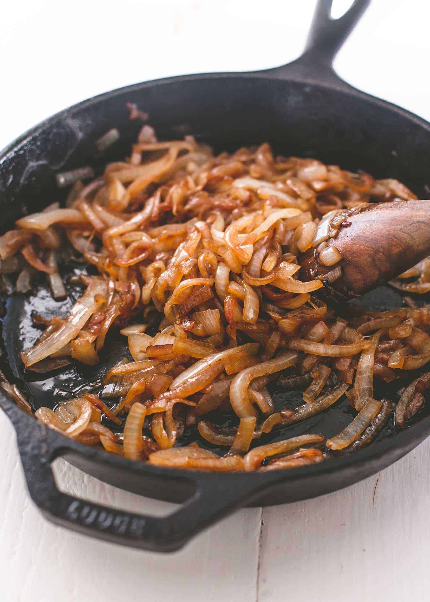 caramelized onions in a cast iron skillet