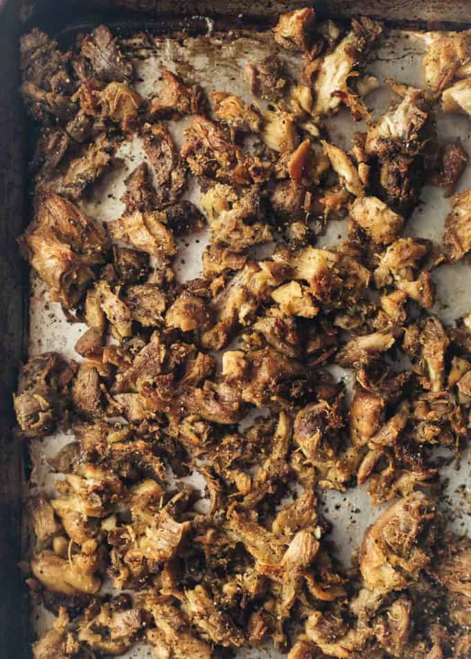 chicken carnitas meat on a sheet pan